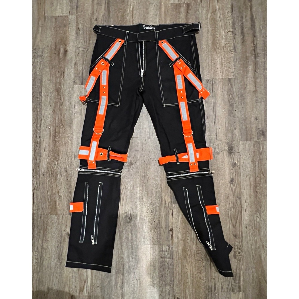 Darkrock Mens Gothic Bondage Pants Black Orange Reflective Cyber Punk Tripp Sty